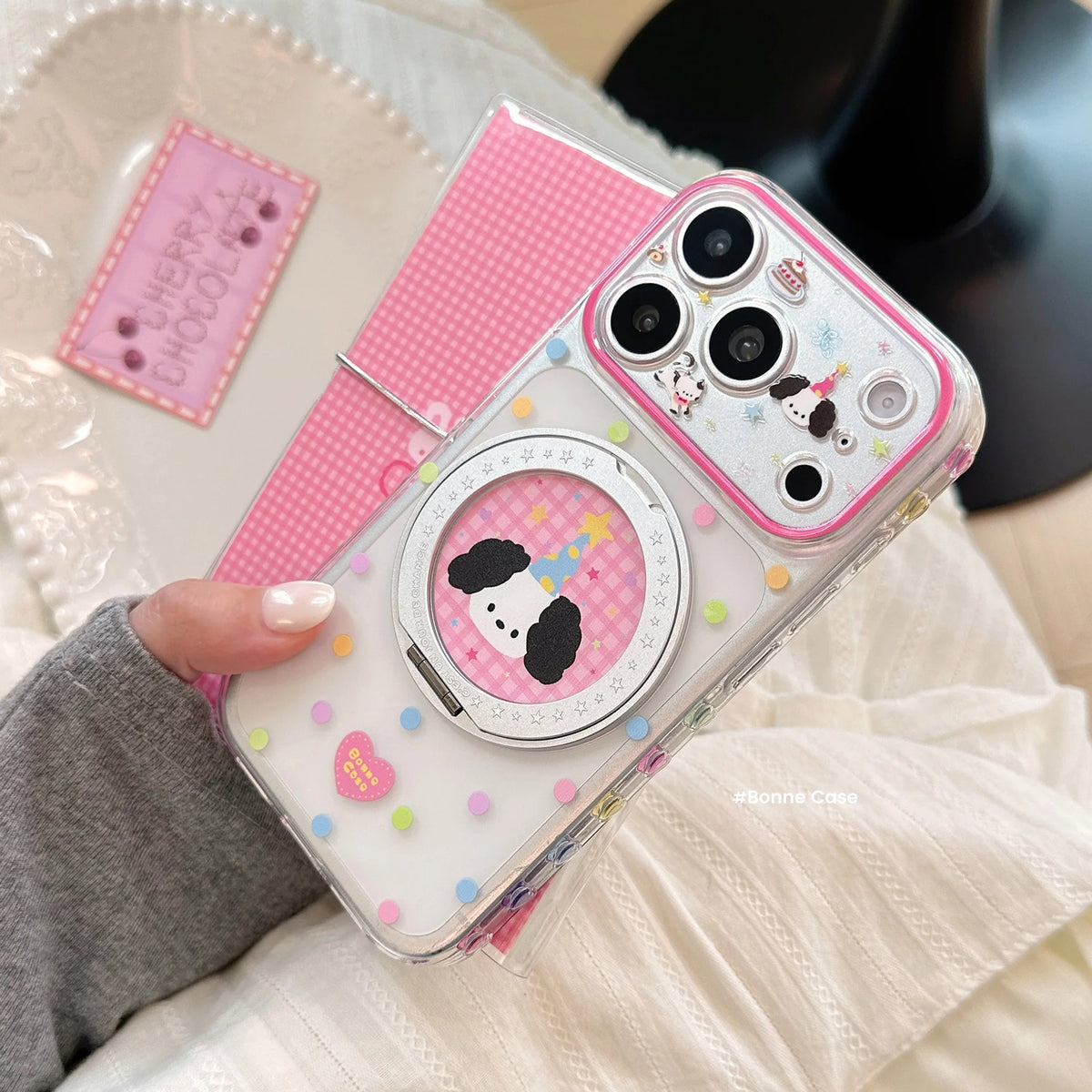 Korean Colorful Polka Dots Cartoon Puppy Magnetic Bracket Phone Case For iPhone