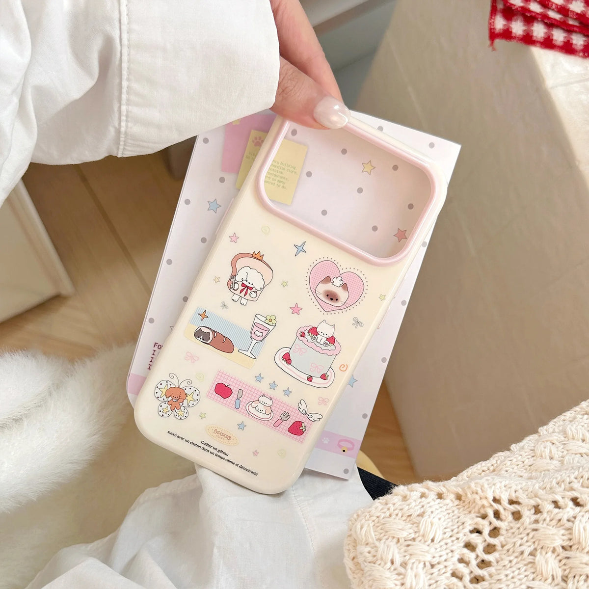 Korean Cartoon Dessert Kitten Puppy Stars Pattern Phone Case For iPhone