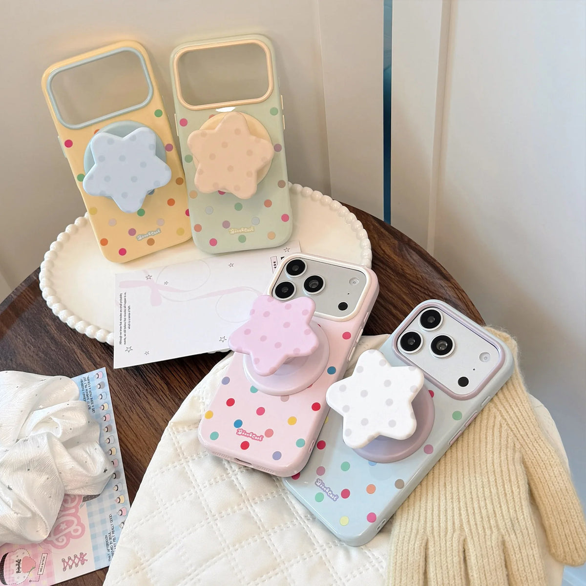 Korean Full Screen Colorful Polka Dots Stars Magnetic Bracket Phone Case For iPhone
