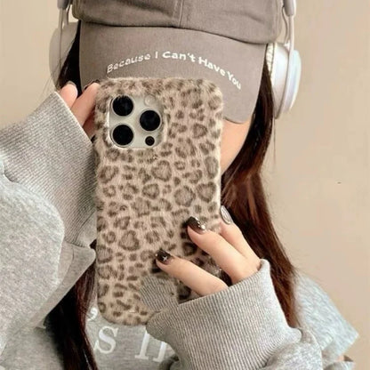 Winter Luxury Leopard fluffy Hand Warmer Plush Case For iPhone