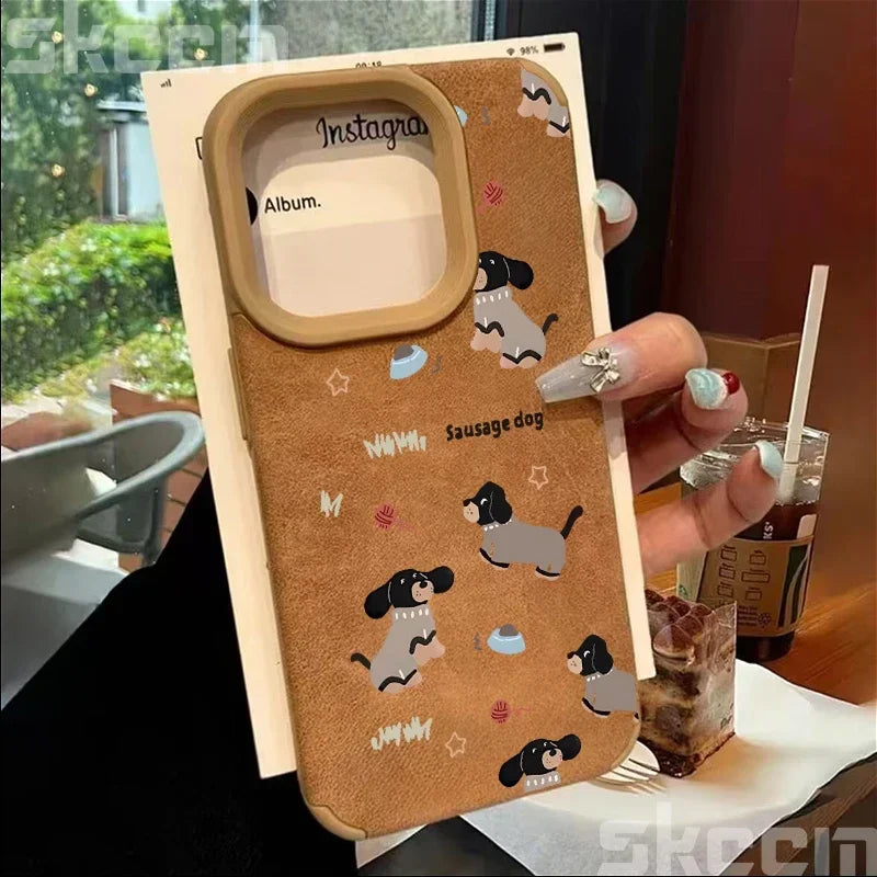 Line Drawing Sausage Dog Leather Phone Case For iPhone