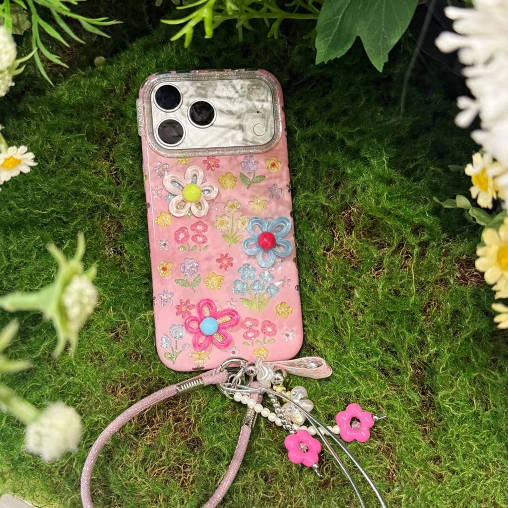 Dopamine Cute 3D Flower Floral Glitter With Lanyard Shockproof Protective Phone Cover Case For iPhone