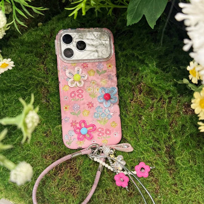 Dopamine Cute 3D Flower Floral Glitter With Lanyard Shockproof Protective Phone Cover Case For iPhone