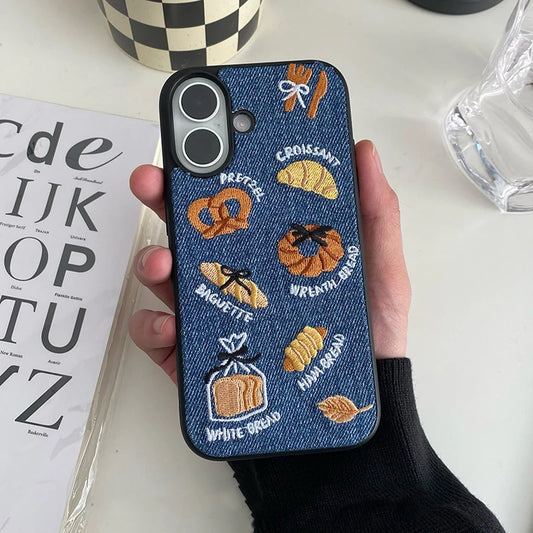 Retro Denim Embrpoidery Bread Toast Warm Fabric Phone Case