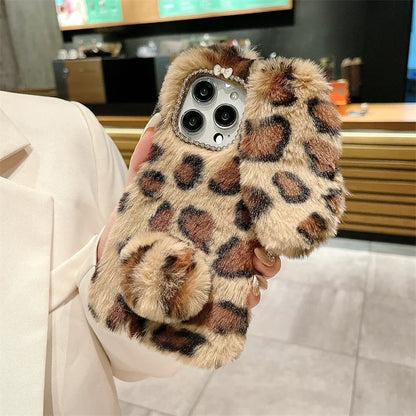 Cute Cartoon Leopard Print Bunny Fur Plush Phone Case For iPhone