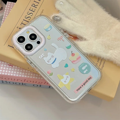 Korean Cartoon White Cat Bracket With Lanyard Makeup Mirror Phone Case For iPhone