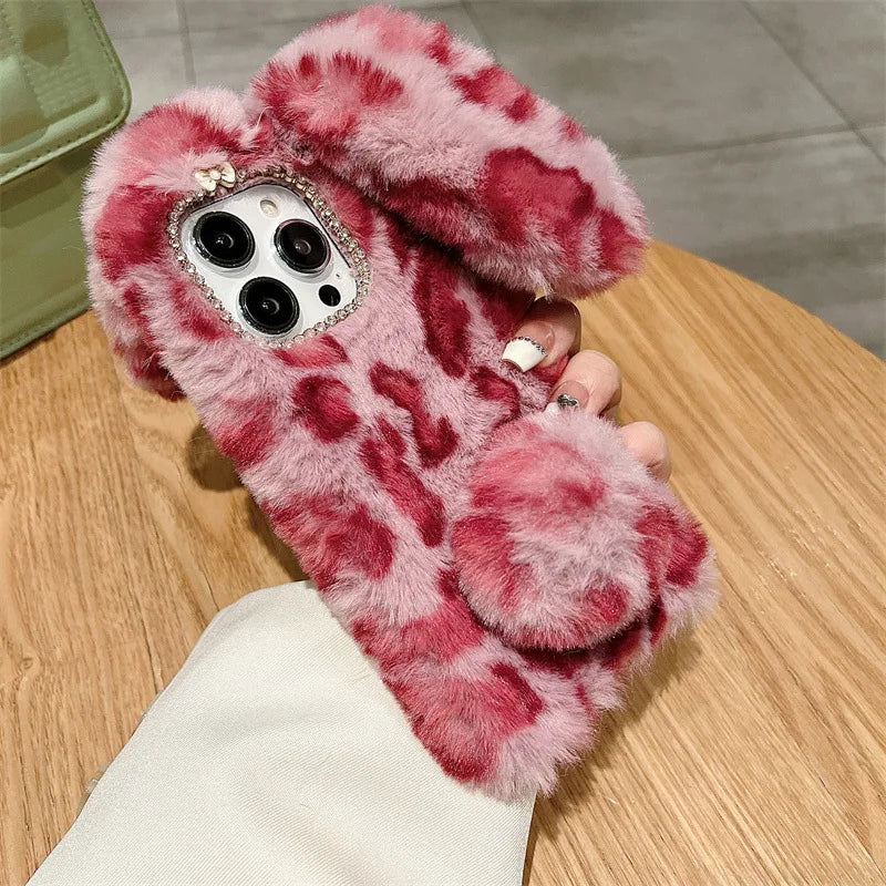 Cute Cartoon Leopard Print Bunny Fur Plush Phone Case For iPhone