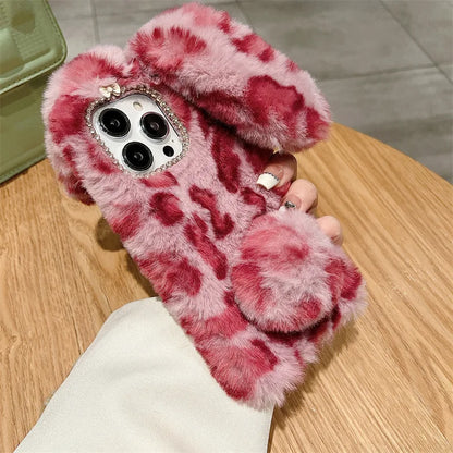 Cute Cartoon Leopard Print Bunny Fur Plush Phone Case For iPhone