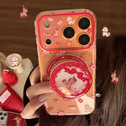 2026 Korean Cartoon Pony Quicksand Magnetic Bracket Phone Case For iPhone