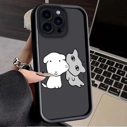 Minimalist Line Drawing Happy White Puppy Gray Kitten Case For iPhone