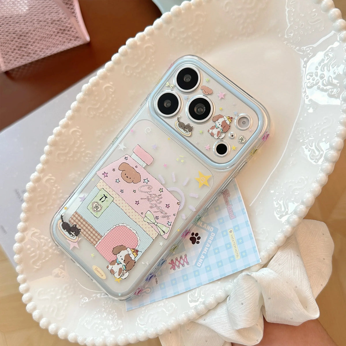 Korean Cartoon House Kitten Puppy Pattern Phone Case For iPhone