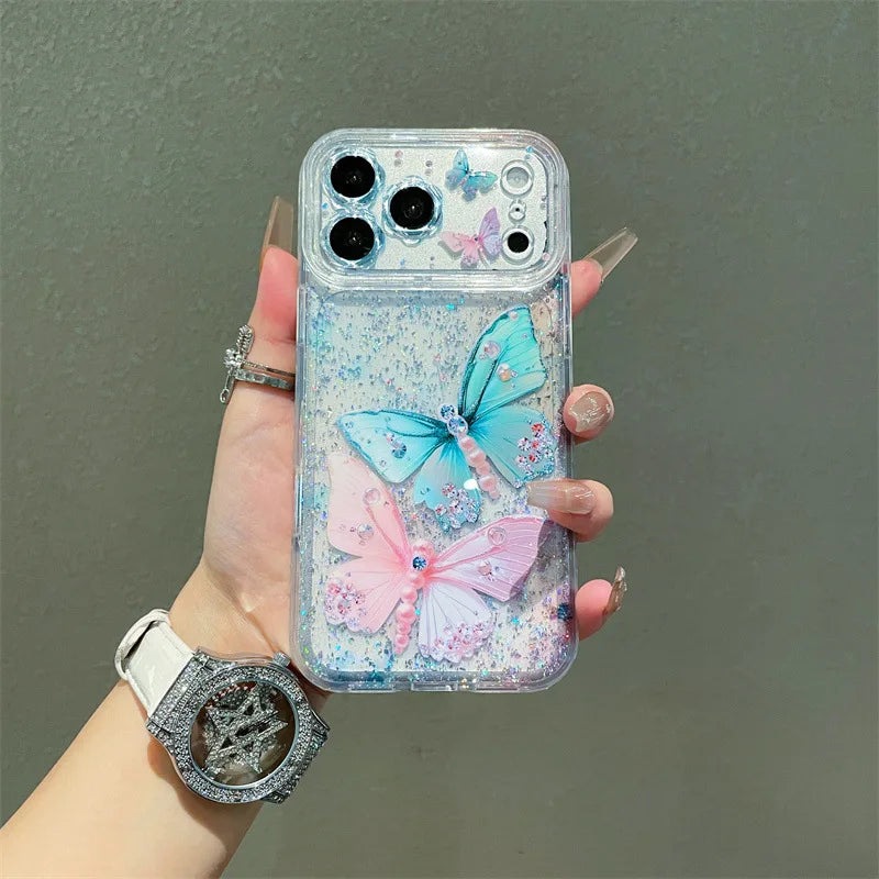 Luxury Sequins Pink Blue Diamond Butterfly Glitter Phone Case For iPhone