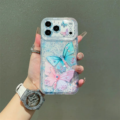 Luxury Sequins Pink Blue Diamond Butterfly Glitter Phone Case For iPhone