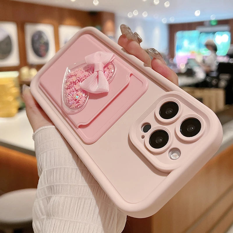 Lovely 3D Love Heart Card Bag Holder Phone Case For iPhone