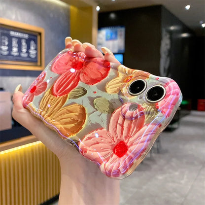 Luxury Blue Light Oil Painting Flowers Wavy Phone Case For iPhone