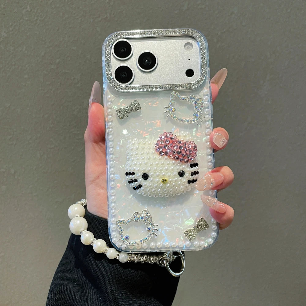 3D Cute Cartoon Sanrio Hello Kitty Bling Glitter Pearl Phone Case For iPhone