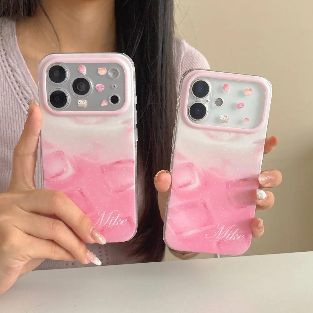 Hello Kitty Pink Ice Cube Phone Case Large Camera Window IMD Soft Shockproof Cover For iPhone