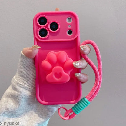 Cute Cat Paws Stand With Lanyard Phone Case For iPhone