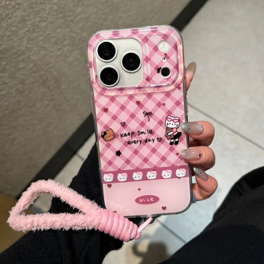 Korean Cute Imd Pink Lingge Kitty Hand Rope Phone Case For iPhone
