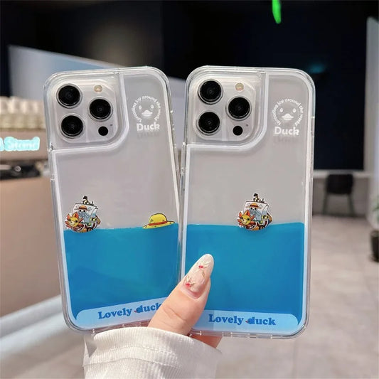 3D Anime Cute One Piece Straw Hat Luffy Quicksand Thousand Sunny Phone Case For iPhone