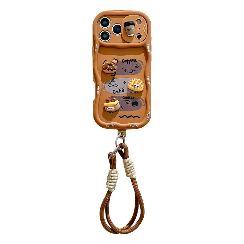 3D Cartoon Bread With Wrist Strap Wavy Phone Case For iPhone