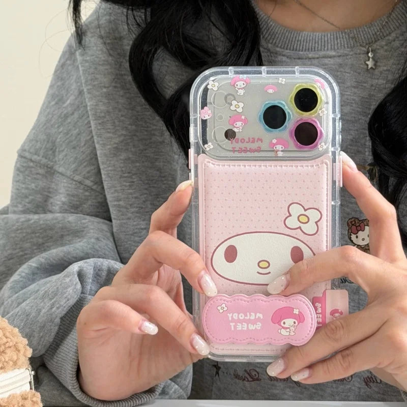 Luxury Pink Melody Holder Cute cartoon Sparkling My Melody Polka Dots Leather Phone Case For iPhone