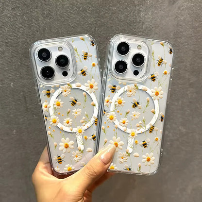 Honeybee Flower Pattern Magnetic Clear Phone Case For iPhone