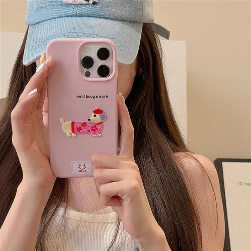 Cute Cartoon Dachshund Litchi Pattern Phone Case For iPhone