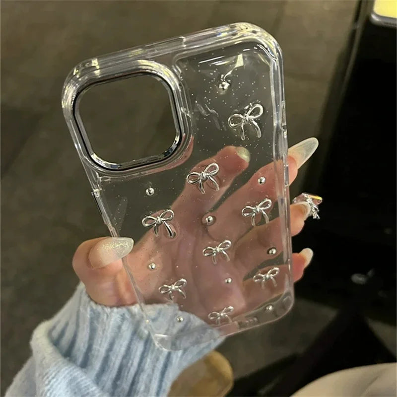 INS Korea Girl Glitter 3D Silver Bow Beads Phone Case For iPhone