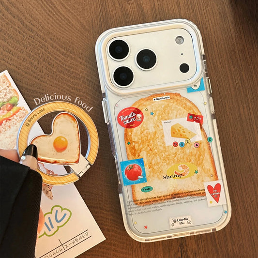 Korean Toast Pattern With Fried Egg Love Heart Bracket Magnetic Phone Case For iPhone