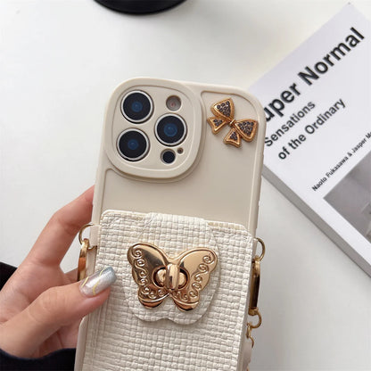 Cartoon Butterfly Crossbody Wallet Card Bag Phone Case For iPhone
