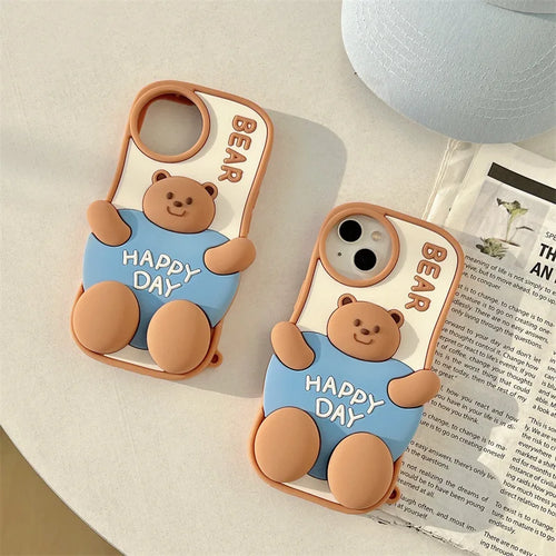 3D Cute Cartoon Fat Bear Silicone Telescopic Bracket Phone Case For iPhone