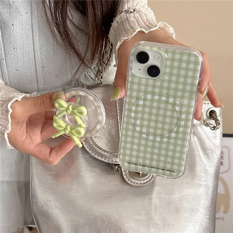 Simple Green Plaid Pattern Magnetic Phone Case