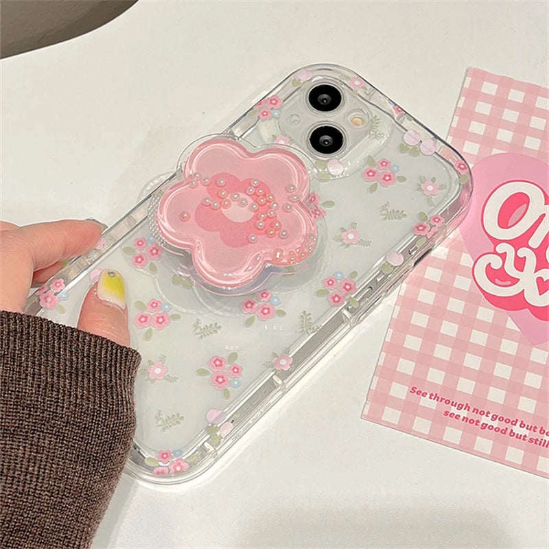 Cute Quicksand Pink Flower Holder Phone Case For iPhone