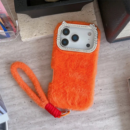Luxury Solid Colors Diamond Fluffy Fur Plush Phone Case For iPhone