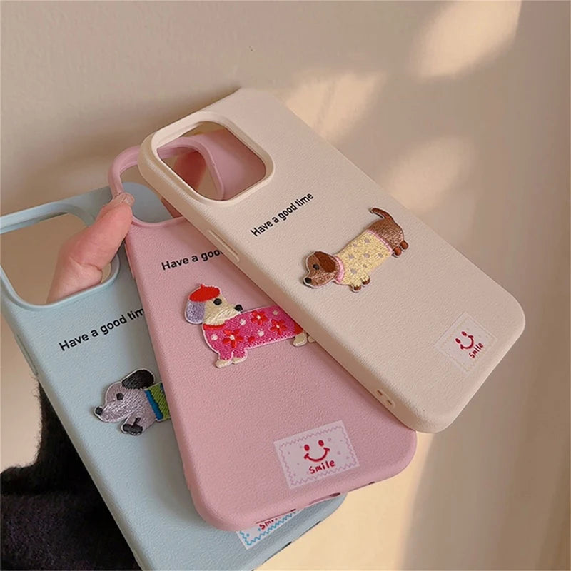 Cute Cartoon Dachshund Litchi Pattern Phone Case For iPhone