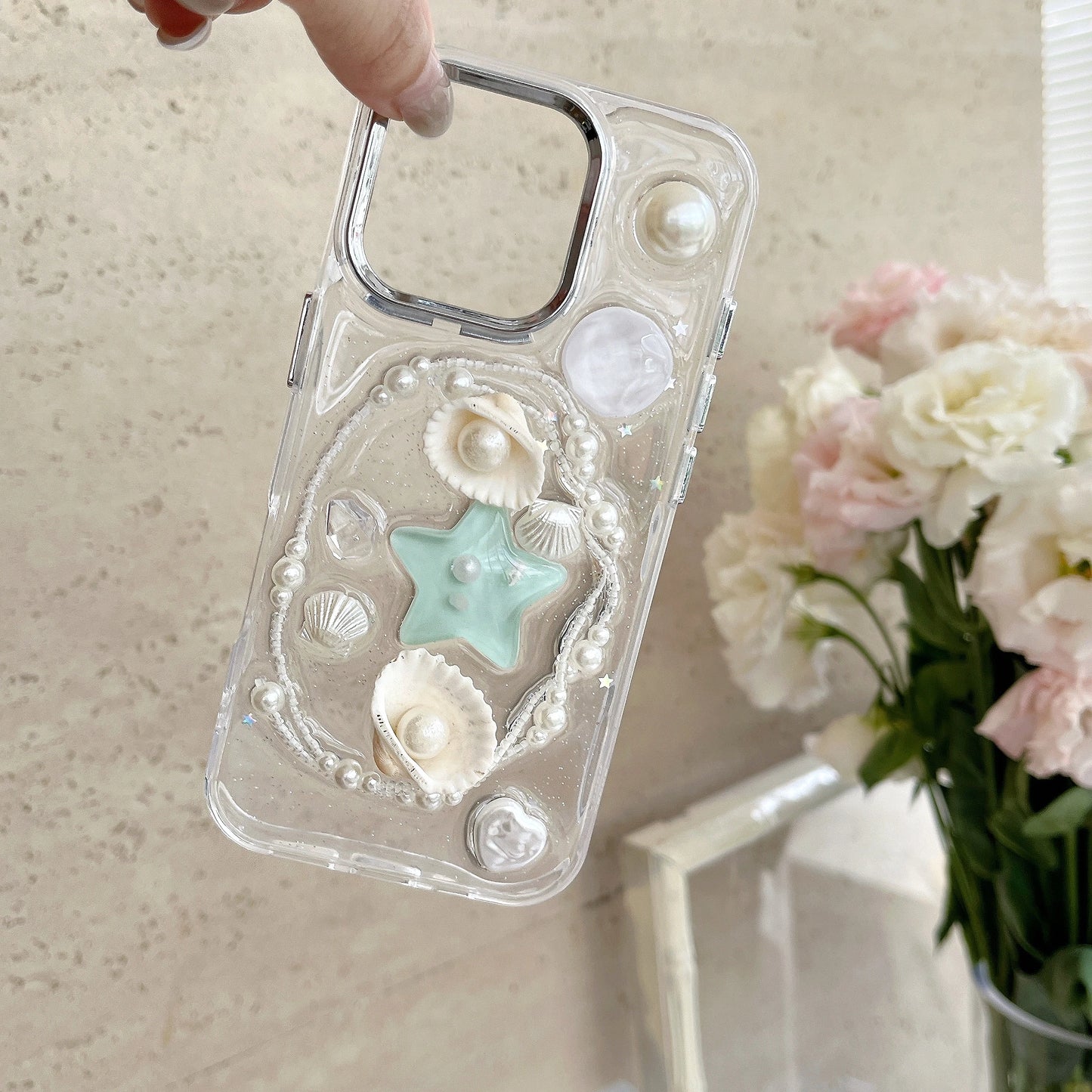 Sweet Summer Vibe Transparent 3D Pearl Shell & Starfish Decor Lovely Phone Case