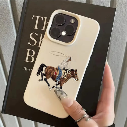 Retro Cowboy Riding Horse Pattran Lychee Soft Phone Case For iPhone