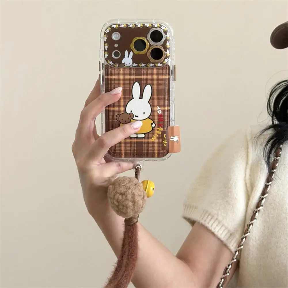 Brown Plaid Miffy Phone Case With Card Holder Bunny Bear Pattern Cute Cover For iPhone