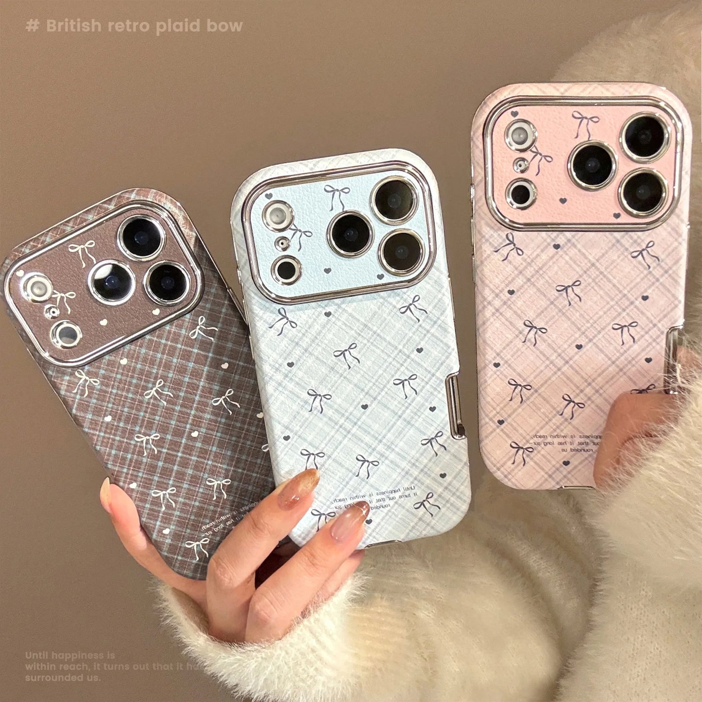 Korean Retro Plaid Grid Pattern Bowknot Leather Texture Phone Case For iPhone