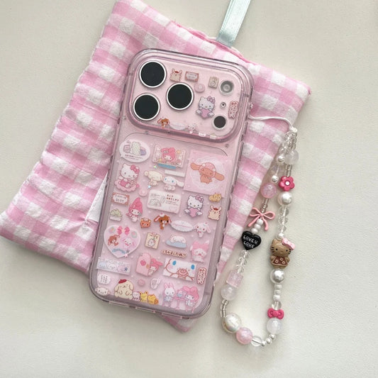 Cute Transparent Pink Kitty Stickers Phone Case For iPhone