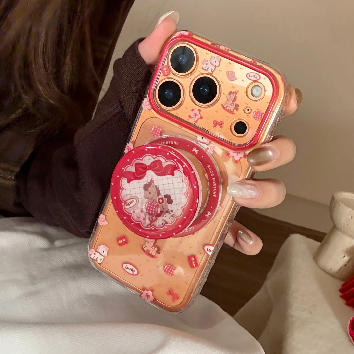 2026 Korean Cartoon Pony Quicksand Magnetic Bracket Phone Case For iPhone