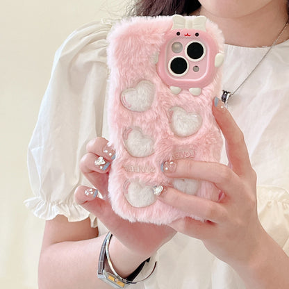 Korean Cute Love Heart Plush Warm Fluffy Phone Case For iPhone