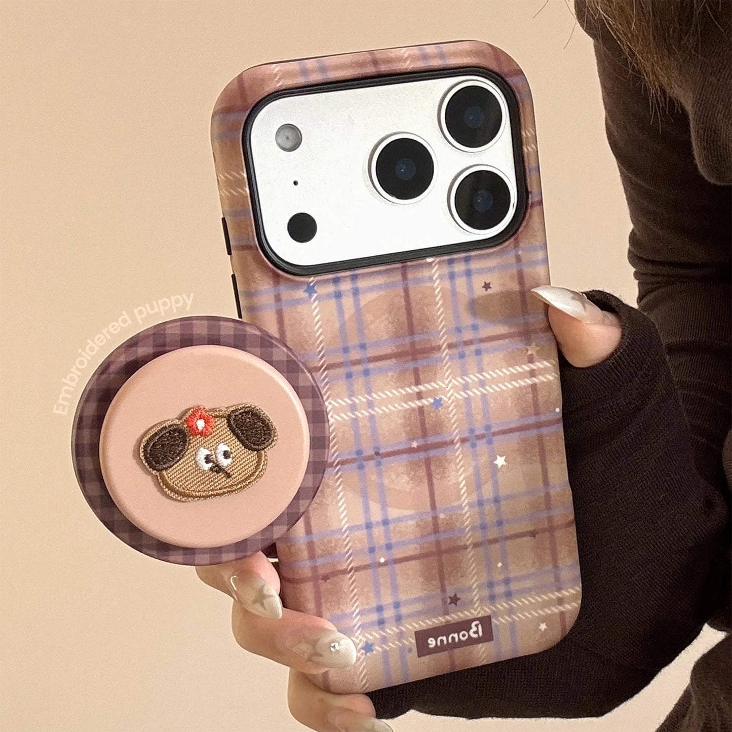 Cute Grid Pattern Cartoon Embroidery Puppy Bracket Magnetic Phone Case For iPhone