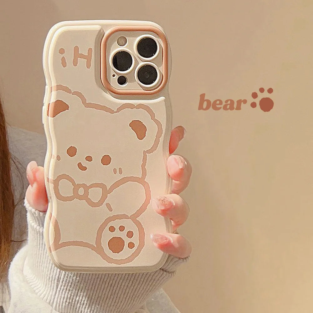 Korean Cartoon Bear Pattern Wavy Edge Phone Case For iPhone
