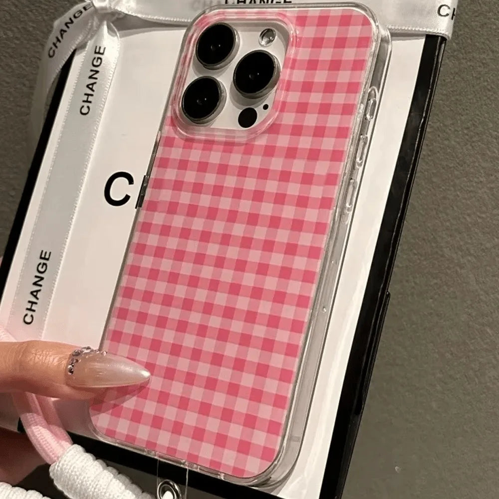 Pink Check Pattern With A Lanyard Phone Case For iPhone