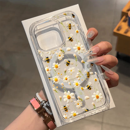 Honeybee Flower Pattern Magnetic Clear Phone Case For iPhone