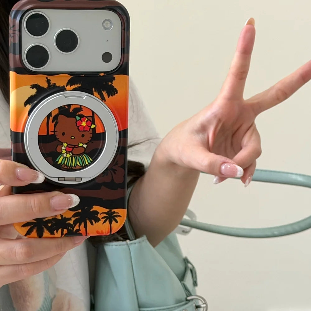 Luxury Black Skin Sanrio Hello Kitty Magnetic Stand Phone Case For iPhone