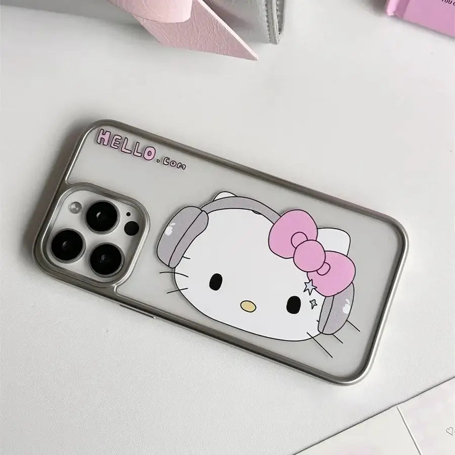 Hello Kitty Big Face Music Pink Bow Strap Phone Case For iPhone