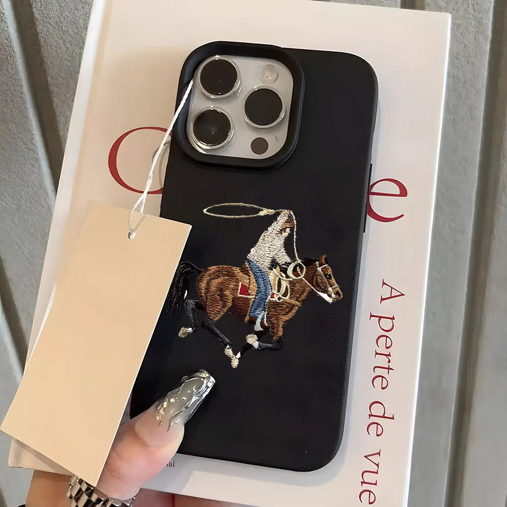 Retro Cowboy Riding Horse Pattran Lychee Soft Phone Case For iPhone
